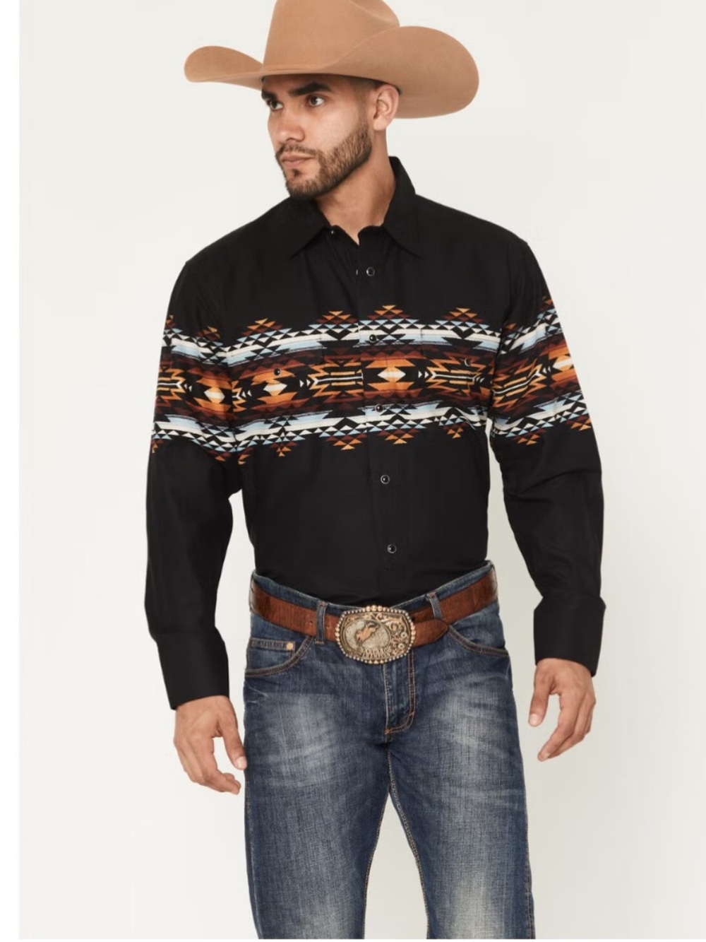 PANHANDLE SLIM MEN'S SOUTHWESTERN BORDER LONG SLEEVE SNAP WESTERN SHIRT - Picture 4 of 12